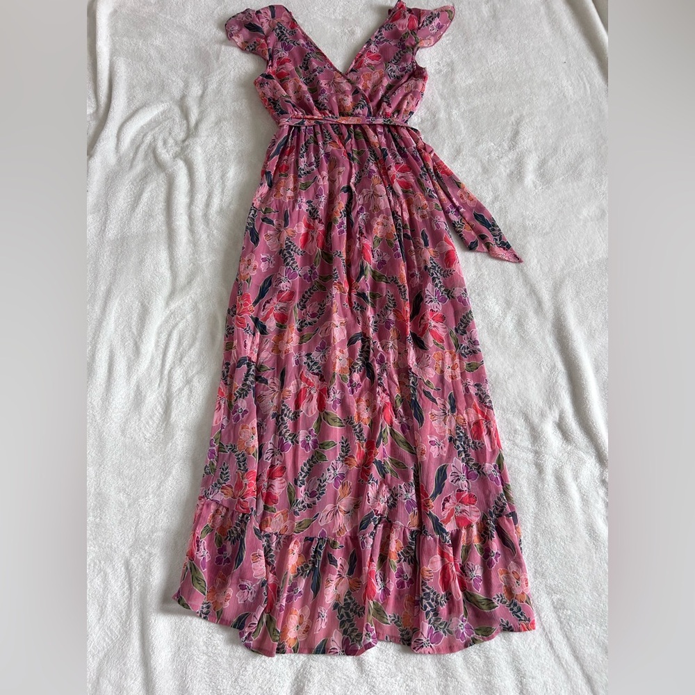 Floral Faux Wrap Maxi Dress Flutter Sleeve Boho Romantic Soft Pink Extra Small - Picture 12 of 16